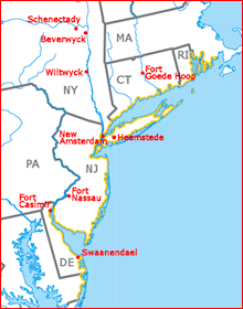 De kolonie Nieuw-Nederland aan de oostkust van de VS omvatte grofweg de huidige staten Connecticut, New York, New Jersey, Pennsylvania en Delaware.