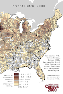 Hoe donkerder een gebied, des te hoger het percentage van Nederlandse Amerikanen. Bron van het (ongesplitste) kaartje: http://www.valpo.edu/geomet/pics/geo200/pct_dutch.pdf